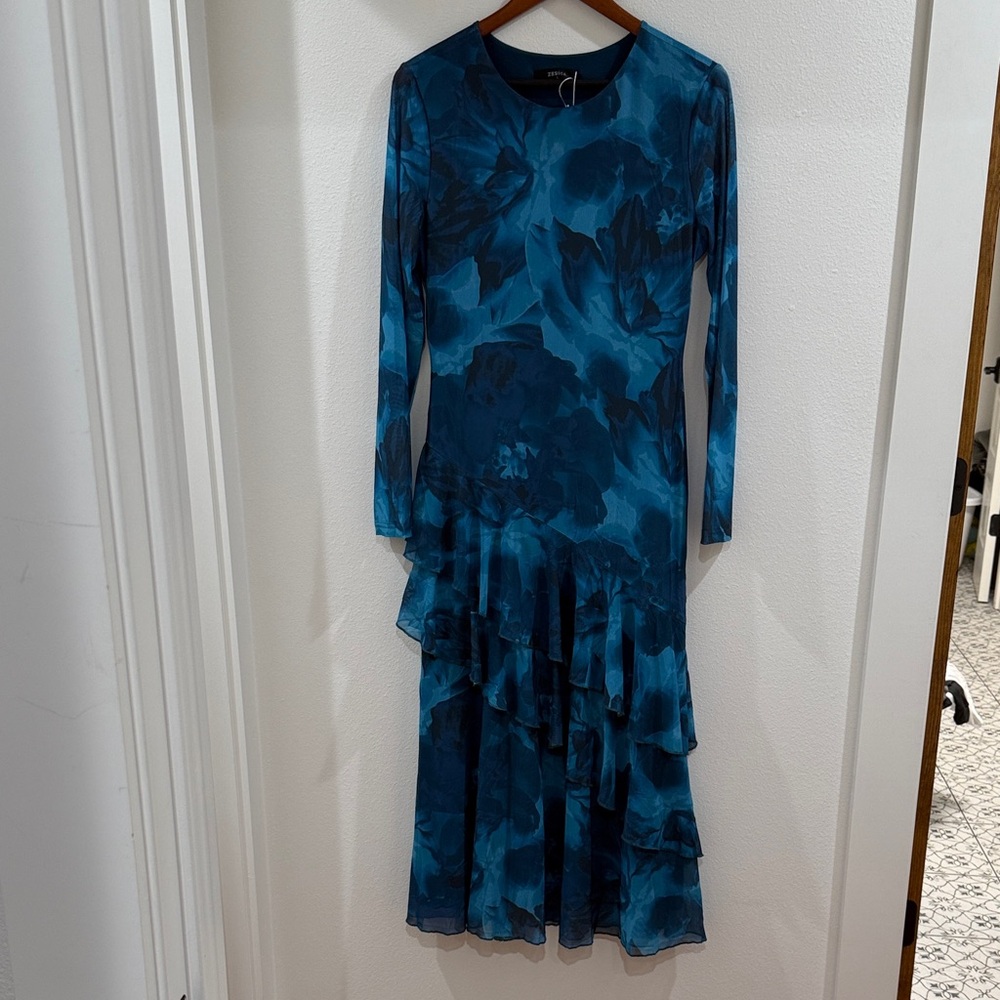 Chic Teal Floral Long Sleeve Dress